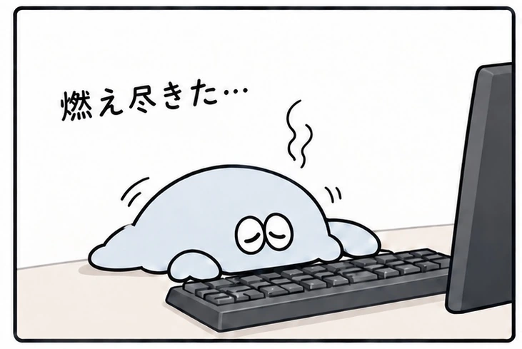 An exhausted Carlos-kun lies flattened in front of the keyboard.